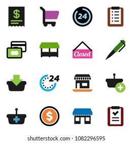 solid vector icon set - pen vector, dollar coin, credit card, office, closed, 24 hour, market, receipt, basket, cart, shopping list