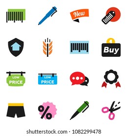 solid vector icon set - pen vector, medal, shorts, cereals, barcode, message, low price signboard, home protect, new, percent, buy, coupon