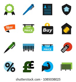 solid vector icon set - pen vector, medal, personal information, pound, muscule hand, barcode, low price signboard, smart home, protect, new, percent, buy