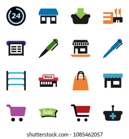 solid vector icon set - pen vector, cart, office, shelving, sale, 24 hour, shopping bag, store, mall, receipt, basket