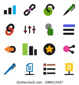 solid vector icon set - pen vector, sorting, settings, touchscreen, social media, favorites, menu, arrow, redo, chain, network document