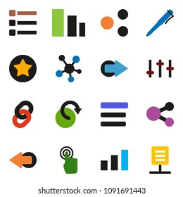 solid vector icon set - pen vector, sorting, settings, touchscreen, social media, favorites, menu, share, arrow, redo, chain, network document