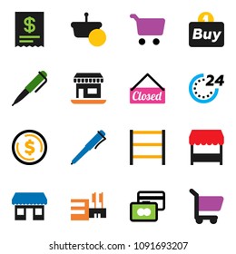 solid vector icon set - pen vector, dollar coin, cart, credit card, office, shelving, closed, 24 hour, market, mall, buy, receipt, basket
