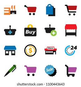 solid vector icon set - pen vector, dollar coin, cart, office, sale, 24 hour, shopping bag, market, mall, buy, basket