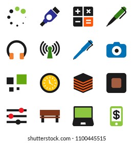 solid vector icon set - pen vector, clock, camera, headphones, notebook pc, stop button, hdmi, big data, equalizer, bench, loading, wireless, calculator, tap pay