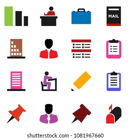solid vector icon set - pencil vector, student, case, clipboard, paper pin, exam, manager, sorting, thumbtack, mailbox, building