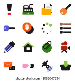 solid vector icon set - pencil vector, document, satellitie, video camera, menu, loading, mail, connection, attachment, key, attention sign, stop, house, cashbox, basket
