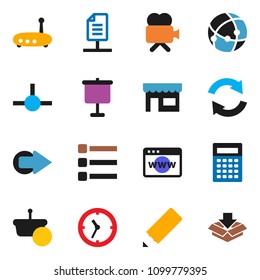 solid vector icon set - pencil vector, calculator, presentation, clock, video camera, connect, connection, browser, menu, router, arrow, refresh, network document, store, basket, package