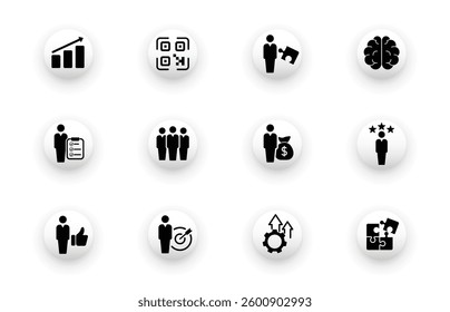 Solid vector icon set with people, personal finance, goals, self development, psychology icons.