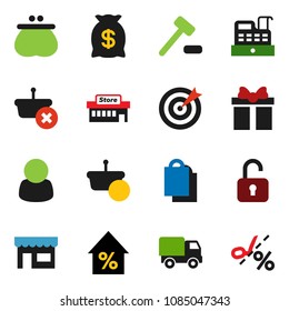 solid vector icon set - percent growth vector, gift, wallet, money bag, shopping, store, mall, customer, target, cashbox, basket, auction, delivery, unlock, coupon