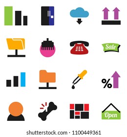 solid vector icon set - percent growth vector, consolidated cargo, top sign, sorting, classic phone, dropper, broken bone, network folder, lan connector, cloud download, consumer, fridge, sale, open