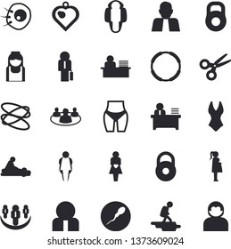 Solid vector icon set - person flat vector, massage, gestation, nurse, sperm, artificial insemination, teamwork, office worker, businessman, weight, waistline, swimsuit, hoop, size, lose, scissors