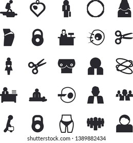 Solid vector icon set - person flat vector, team, massage, gestation, nurse, breast, artificial insemination, office worker, businessman, weight, buttocks, waistline, hoop, hike fector, scissors