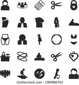 Solid vector icon set - person flat vector, team, massage, gestation, breast, sperm, teamwork, businessman, weight, buttocks, waistline, swimsuit, hoop, hike fector, reception desk, heart pendant