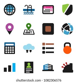 solid vector icon set - personal information vector, calculator, pool, navigator, calendar, sorting, protected, weight, stop button, connection, cloud exchange, menu, globe, pin, office building