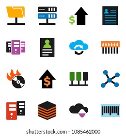solid vector icon set - personal information vector, dollar growth, music hit, network, server, folder, cloud shield, exchange, big data, hub, barcode