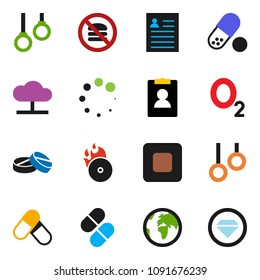 solid vector icon set - personal information vector, pills, no fastfood, gymnast rings, oxygen, earth, music hit, stop button, cloud network, loading, diamond ring