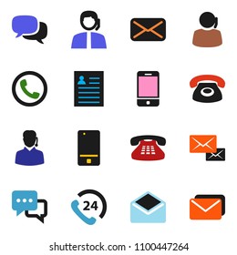 solid vector icon set - personal information vector, phone 24, support, mobile, dialog, classic, mail