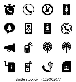 Solid vector icon set - phone alarm vector, no mobile sign, christmas, merry message, heart monitor, payment, horn, speaker, antenna, power bank, music player, sim