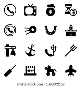 Solid vector icon set - phone vector, tv, money bag, account history, horn, first satellite, luck, sand fort, ship bell, anchor, farm fork, awl, abacus, wheel horse, toy plane
