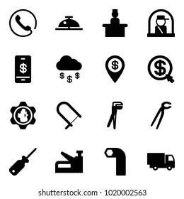 Solid vector icon set - phone vector, client bell, recieptionist, officer window, mobile payment, money rain, dollar pin, click, gear globe, fretsaw, plumber, screwdriver, stapler, allen key