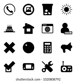 Solid vector icon set - phone vector, no computer sign, trash, sun, cake, home, browser globe, user password, delete cross, record, calculator, megaphone, check, game console, wrench screwdriver