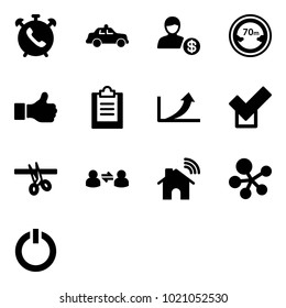 Solid vector icon set - phone alarm vector, safety car, account, limited distance road sign, like, clipboard, growth arrow, check, opening, information exchange, wireless home, molecule