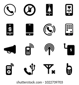 Solid vector icon set - phone vector, no mobile sign, christmas, heart monitor, payment, horn, speaker, antenna, power bank, music player, signal, toy