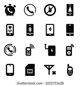 Solid vector icon set - phone alarm vector, no mobile sign, christmas, heart monitor, payment, horn, power bank, music player, sim, signal, toy