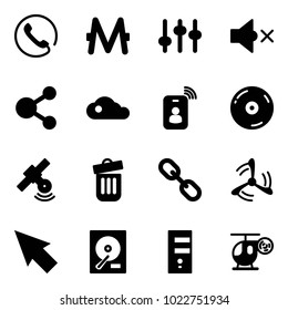 Solid vector icon set - phone vector, monero, settings, volume off, share, cloud, identity card, cd, satellite, trash bin, link, wind mill, cursor, hdd, server, helicopter toy