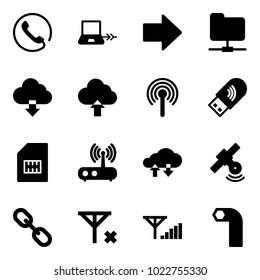Solid vector icon set - phone vector, notebook connect, right arrow, network folder, download cloud, upload, antenna, usb wi fi, sim, router, exchange data, satellite, link, no signal, fine