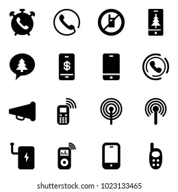 Solid vector icon set - phone alarm vector, no mobile sign, christmas, merry message, payment, horn, speaker, antenna, power bank, music player, toy