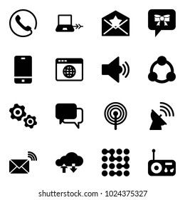 Solid vector icon set - phone vector, notebook connect, star letter, bow message, browser globe, volume medium, social, gears, dialog, antenna, satellite, wireless mail, cloud exchange data, circuit