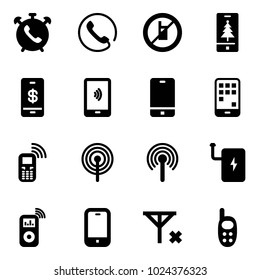 Solid vector icon set - phone alarm vector, no mobile sign, christmas, payment, antenna, power bank, music player, signal, toy