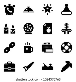 Solid vector icon set - phone alarm vector, client bell, christmas star, hat, candle, snowball, diet list, bank, link, green tea, sea hotel, lifebuoy, case, saw, jointer, screw