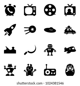 Solid vector icon set - phone alarm vector, tv, film coil, news, rocket, first satellite, woman hat, car baggage, jointer, sickle, robot, plane toy, radio, russian doll