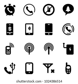 Solid vector icon set - phone alarm vector, no mobile sign, merry christmas message, payment, horn, antenna, power bank, signal, toy