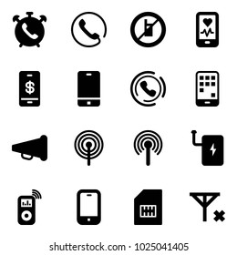 Solid vector icon set - phone alarm vector, no mobile sign, heart monitor, payment, horn, speaker, antenna, power bank, music player, sim, signal