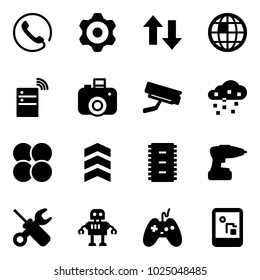 Solid Vector Icon Set - Phone Vector, Gear, Up Down Arrows, Globe, Server Wireless, Camera, Surveillance, Snow, Atom Core, Chevron, Chip, Drill, Wrench Screwdriver, Robot, Joystick, Game Console