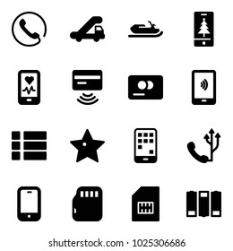 Solid vector icon set - phone vector, trap truck, snowmobile, christmas mobile, heart monitor, tap pay, credit card, payment, menu, star, micro flash, sim, battery