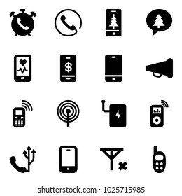 Solid vector icon set - phone alarm vector, christmas mobile, merry message, heart monitor, payment, speaker horn, antenna, power bank, music player, no signal, toy