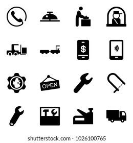 Solid vector icon set - phone vector, client bell, baby room, officer window, fork loader, baggage truck, mobile payment, gear globe, open, wrench, fretsaw, tool box, stapler, toy