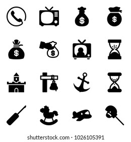 Solid vector icon set - phone vector, tv, money bag, encashment, news, sand clock, fort, ship bell, anchor, awl, rocking horse, plane toy, stick