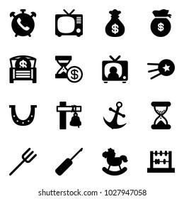 Solid vector icon set - phone alarm vector, tv, money bag, chest, account history, news, first satellite, luck, ship bell, anchor, sand clock, farm fork, awl, rocking horse, abacus