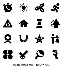 Solid vector icon set - phone alarm vector, sun, three leafs, run, round motion road sign, home, chess tower, arrow up, star medal, luck, starfish, ship bell, atom core, check, beanbag