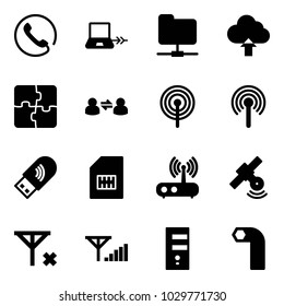 Solid vector icon set - phone vector, notebook connect, network folder, upload cloud, puzzle, information exchange, antenna, usb wi fi, sim, router, satellite, no signal, fine, server, allen key