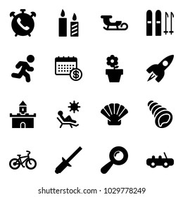 Solid vector icon set - phone alarm vector, candle, sleigh, ski, run, calendar, flower pot, rocket, sand fort, beach, shell, bike, clinch, beanbag, toy car