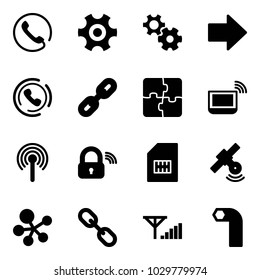 Solid vector icon set - phone vector, gear, right arrow, horn, link, puzzle, notebook wi fi, antenna, wireless lock, sim, satellite, molecule, fine signal, allen key
