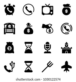 Solid vector icon set - phone alarm vector, tv, money bag, chest, encashment, horn, sand clock, microphone, fort, farm fork, toy plane