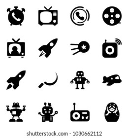 Solid vector icon set - phone alarm vector, tv, horn, film coil, news, rocket, first satellite, wireless speaker, sickle, robot, plane toy, radio, russian doll